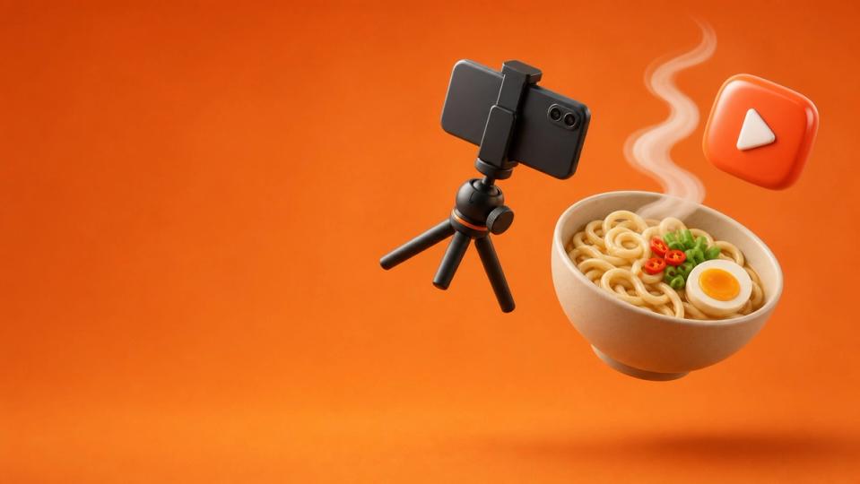三脚に固定したスマートフォンと湯気の立つラーメン、動画の再生ボタンの3Dイラスト