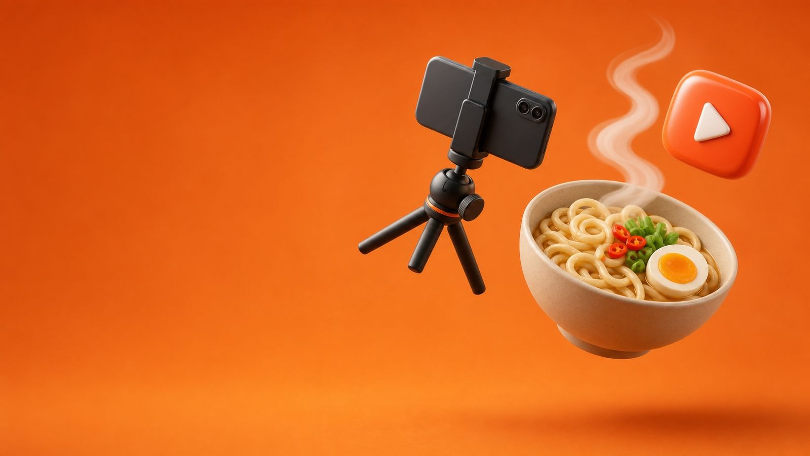 三脚に固定したスマートフォンと湯気の立つラーメン、動画の再生ボタンの3Dイラスト