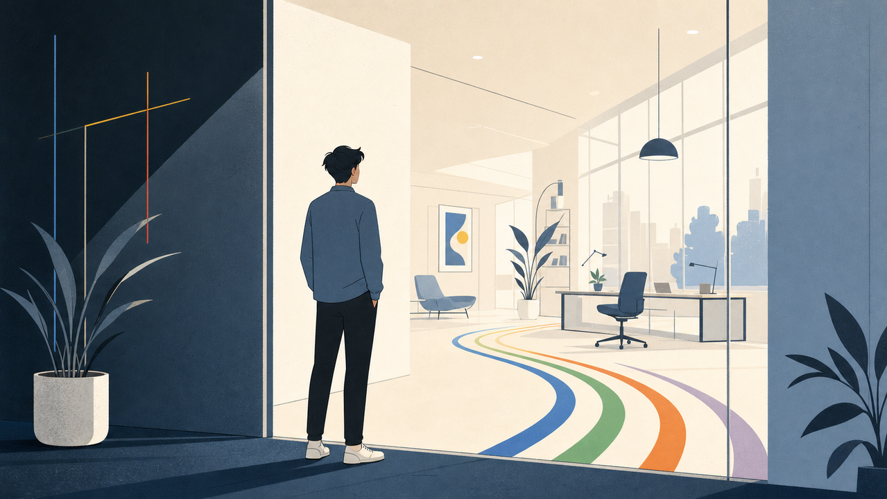 明るく整った職場を見渡す人のイラスト