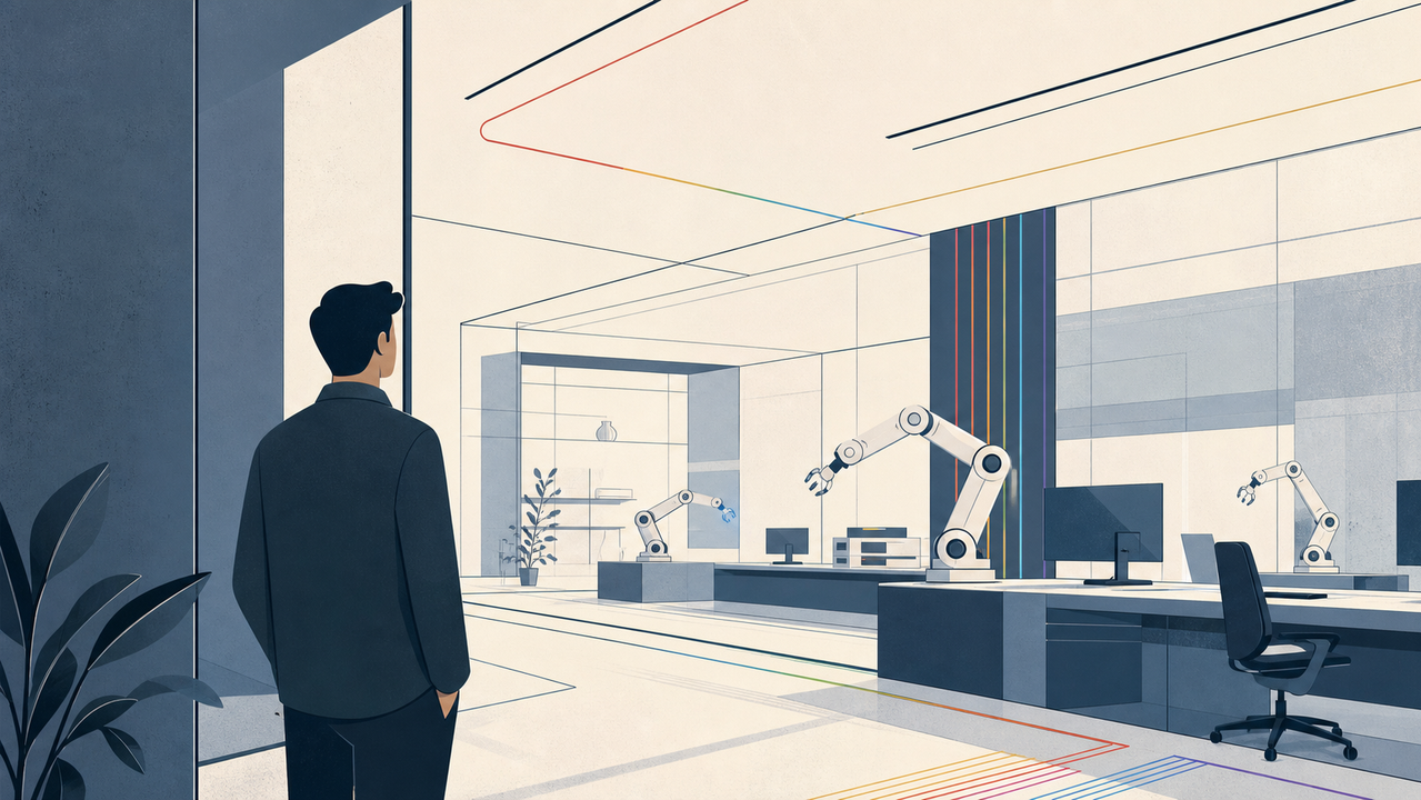 自動化された職場を見渡す人のイラスト