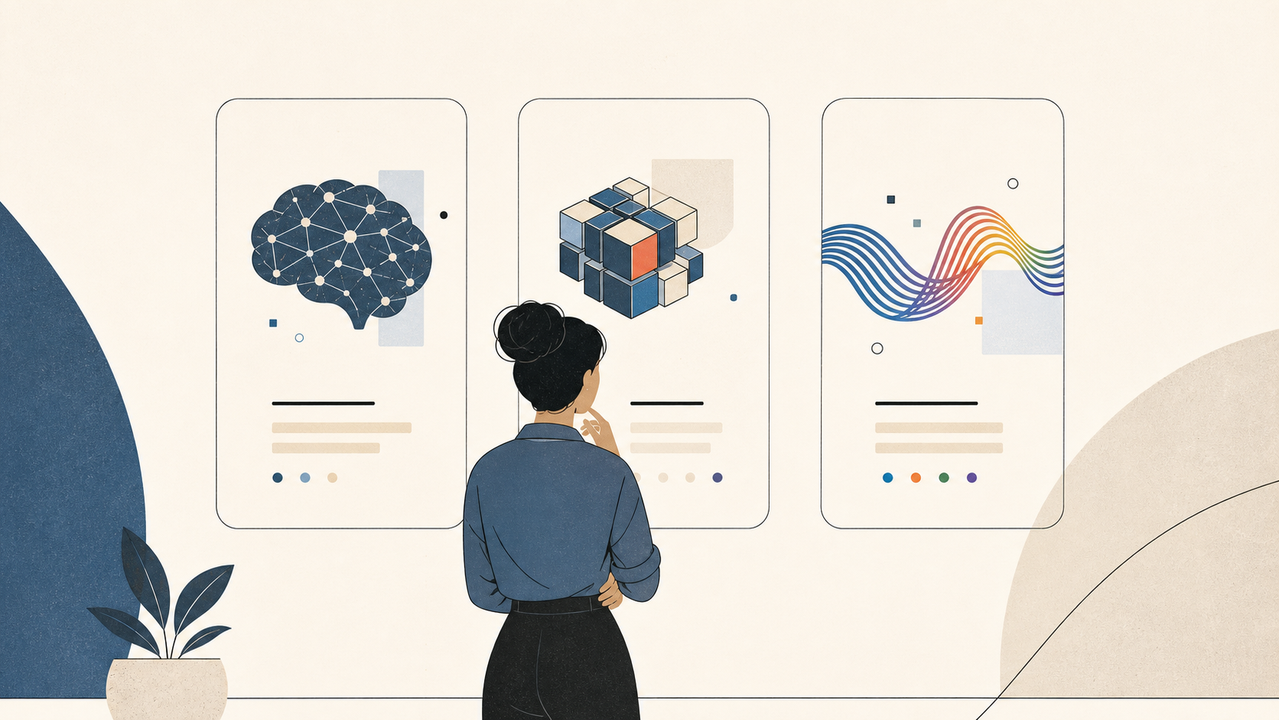 3つのAIモジュールを比べる人のイラスト