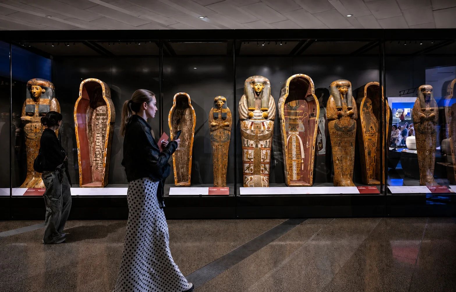 Galeria zdobionych sarkofagów w Wielkim Muzeum Egipskim (GEM) podczas wycieczki z Hurghady do Kairu