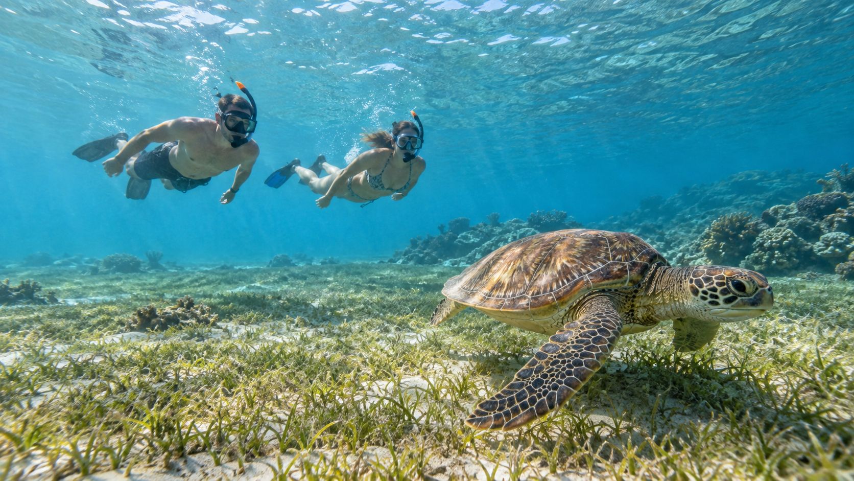 Dwoje snorkelujących obserwuje żółwia morskiego nad łąką trawy morskiej podczas wycieczki na Marsa Mubarak z Marsa Alam