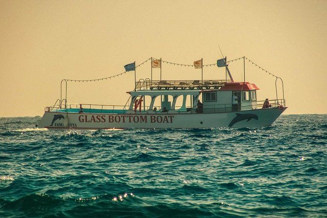 Łódź ze szklanym dnem (glass bottom boat) z wizerunkami delfinów na burcie, płynąca po Morzu Czerwonym podczas rejsu z Hurghady