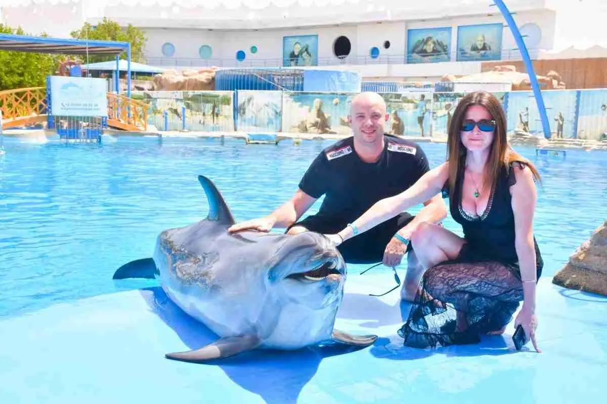 Para pozująca z delfinem przy basenie na tle areny delfinarium w Hurghadzie