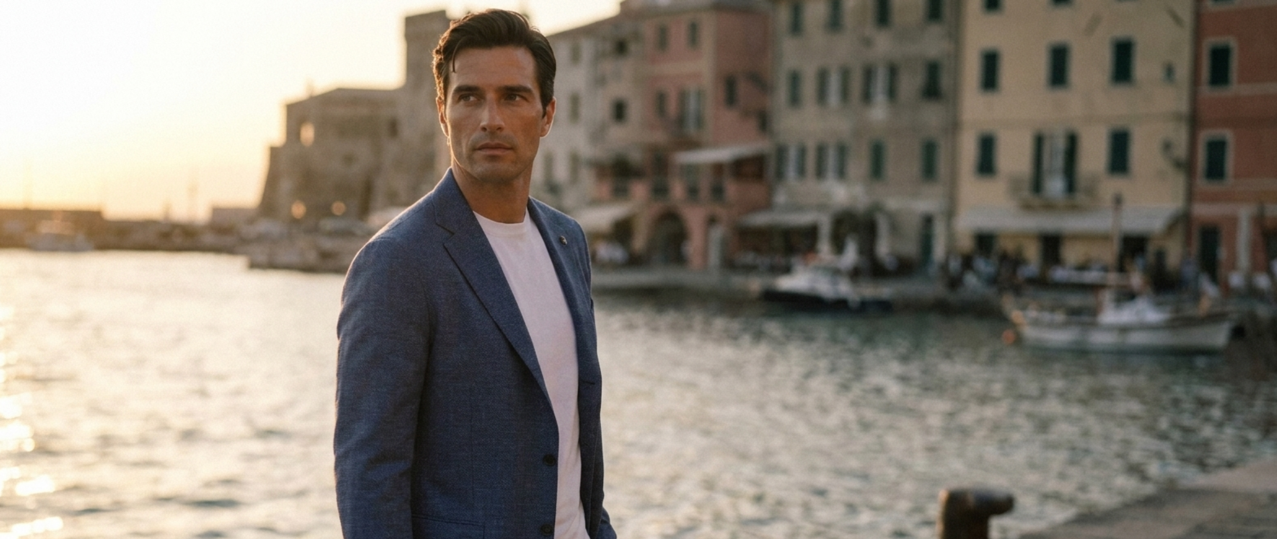 Man in blue blazer and t-shirt and trousers by the water.