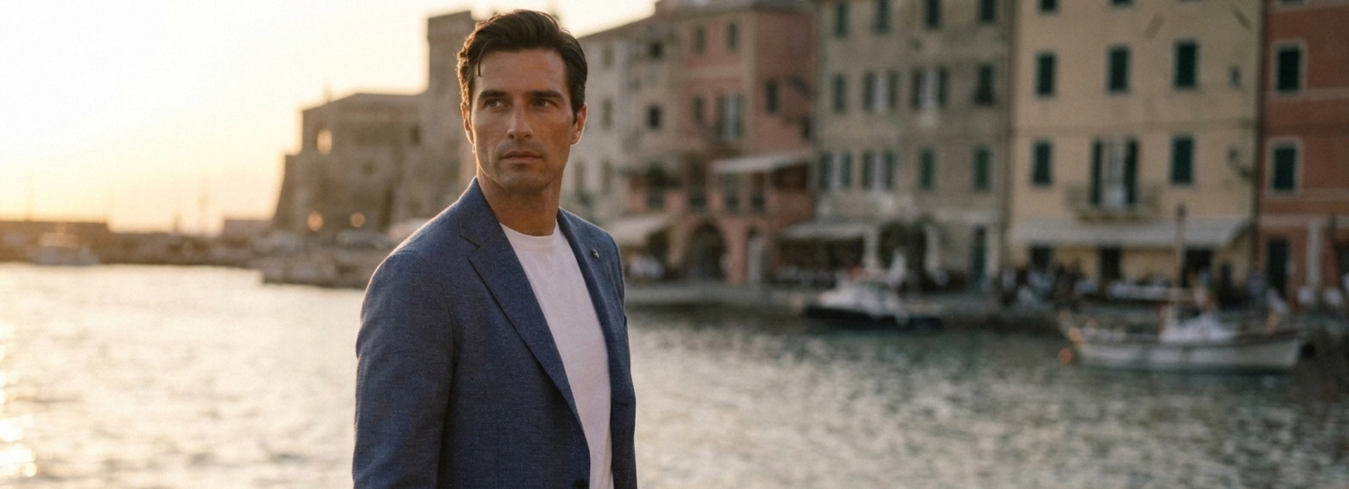 Man in blue blazer and t-shirt and trousers by the water.