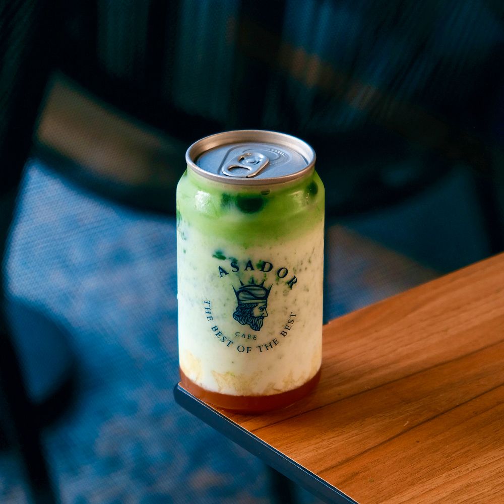 Layered Peach Creamy Matcha in Clear Pop-Top Can at Asador Coffee El Jadida