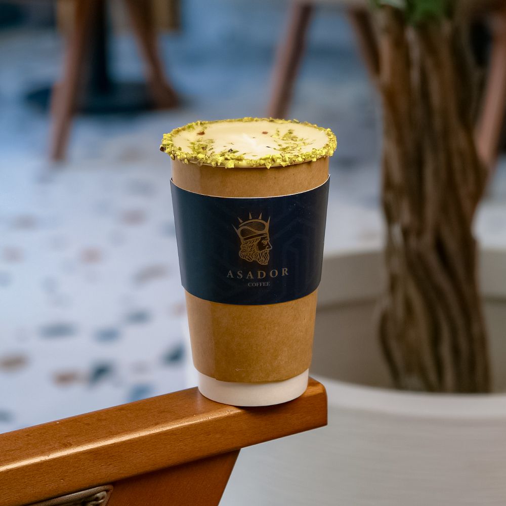 Hot Pistachio Latte with Latte Art and Real Pistachio Sauce at Asador Coffee El Jadida