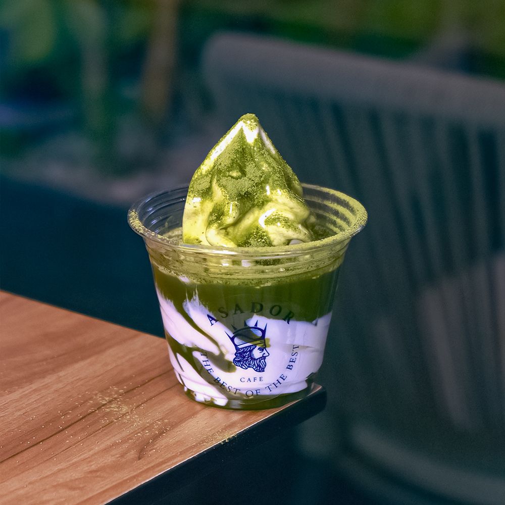 Matcha Serve Ice Cream Sundae with Green Tea Sauce and Powder at Asador Coffee El Jadida