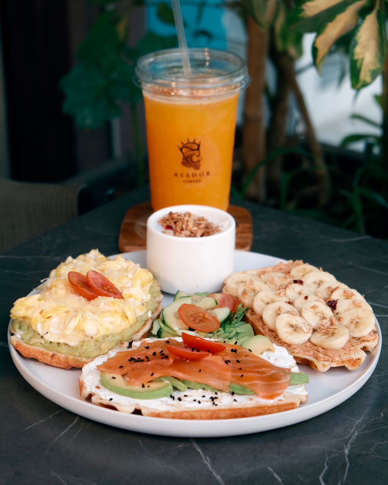 Healthy Waffle Trio Platter with Salmon, Avocado, and Banana Peanut Butter at Asador Coffee El Jadida