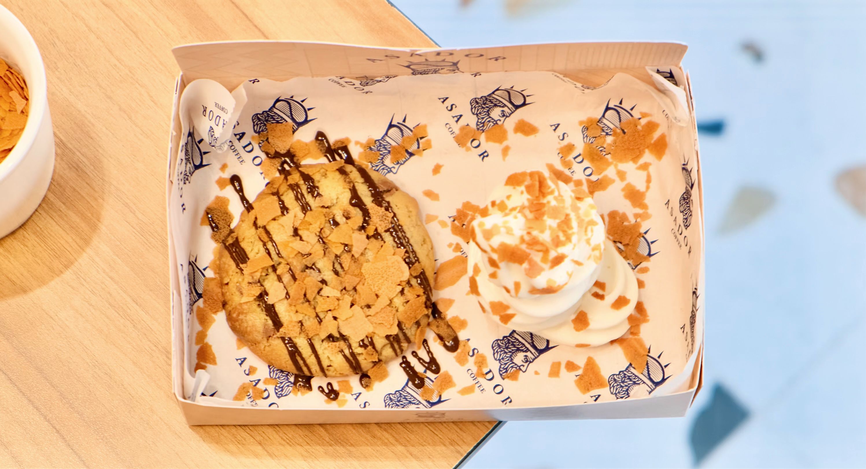 Warm Milk Choco Cookie Dessert Box with Soft Serve Ice Cream and Crispy Wafer Flakes at Asador Coffee El Jadida