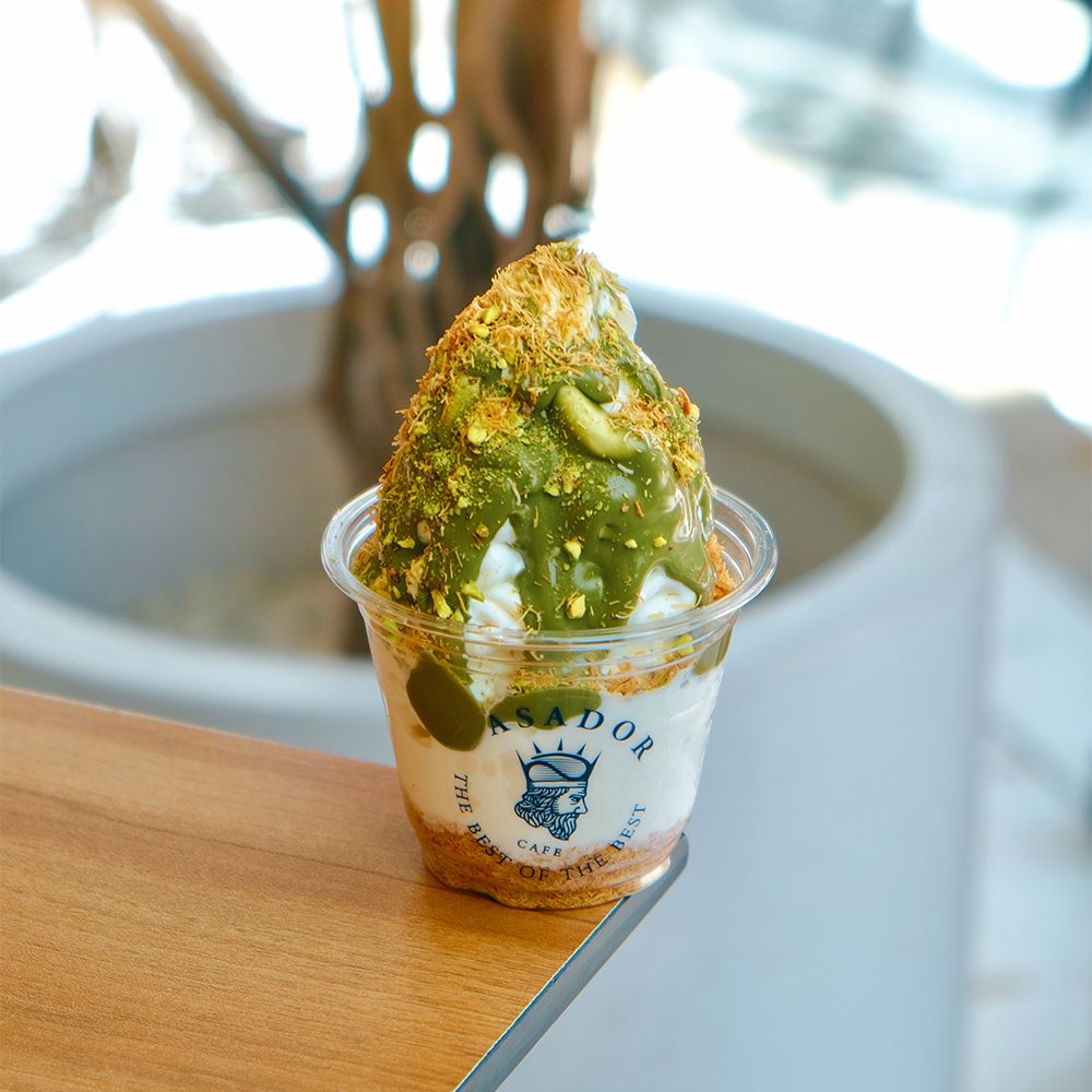Pistachio Baklava Ice Cream Sundae with Toasted Kunafa and Ground Pistachios at Asador Coffee El Jadida