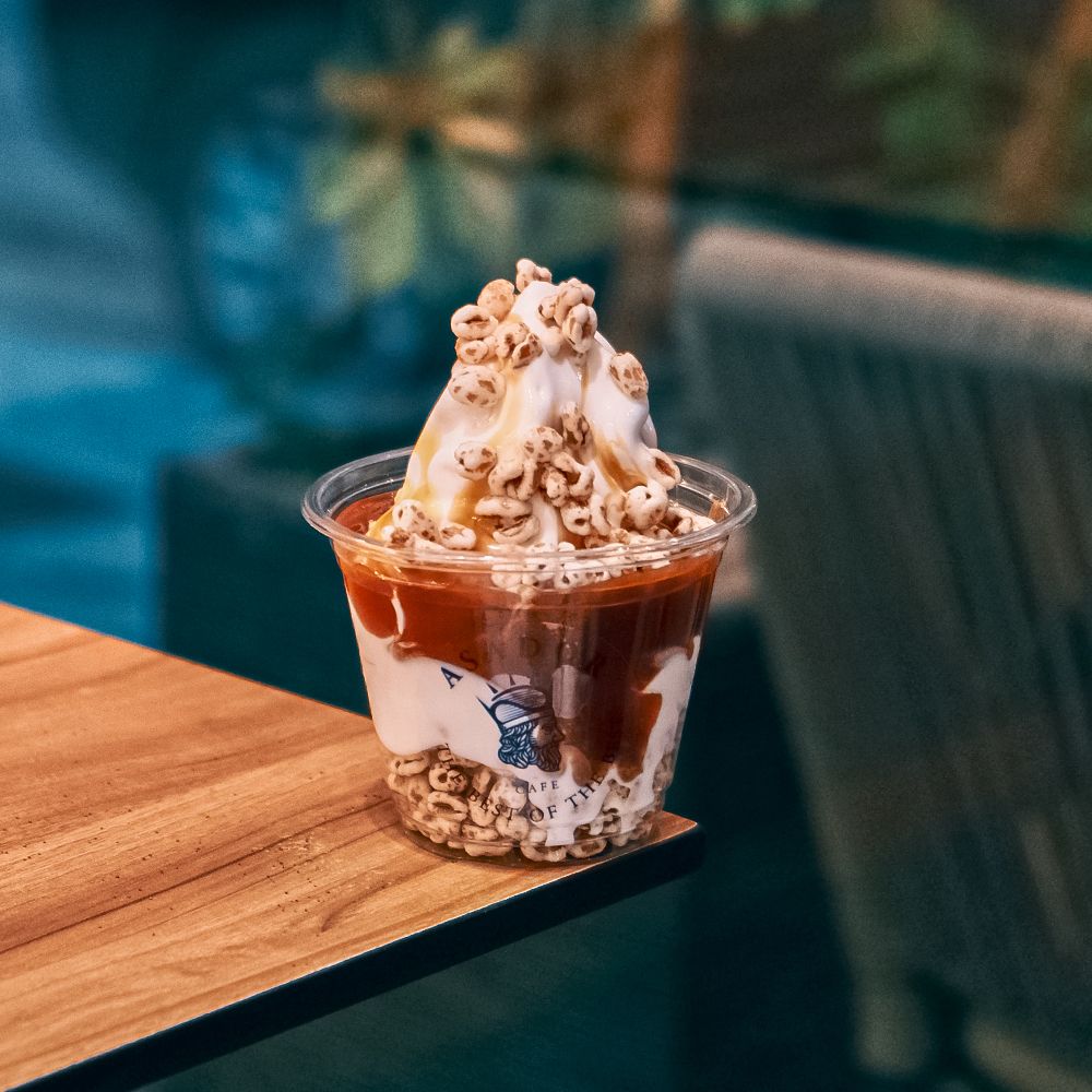 Toffee Soft Serve Ice Cream Sundae with Caramel Sauce and Crunchy Puffed Wheat at Asador Coffee El Jadida