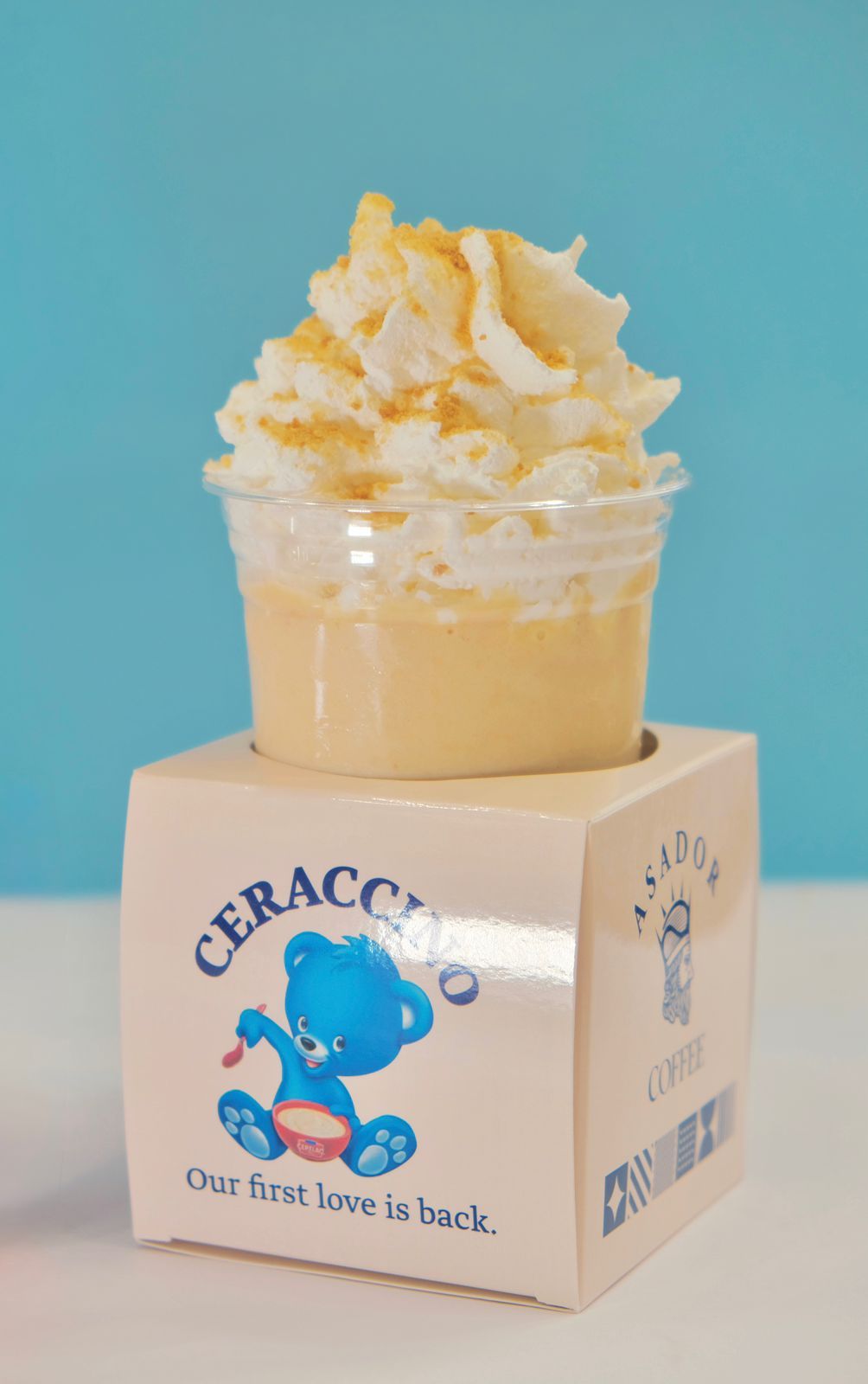 Ceraccino Cerelac Milkshake with Whipped Cream on Blue Bear Box at Asador Coffee El Jadida