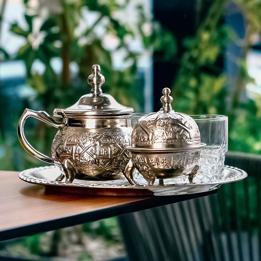 Traditional Moroccan Mint Tea Served in Silver Teapot on Tray at Asador Coffee El Jadida