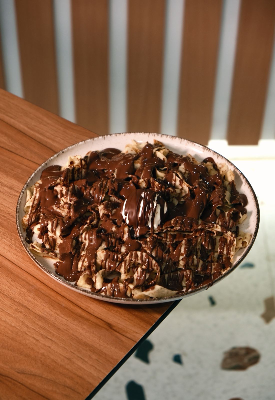 Crepe Fuccini Fettuccine Style Ribbons with Milk Chocolate and Ice Cream at Asador Coffee El Jadida