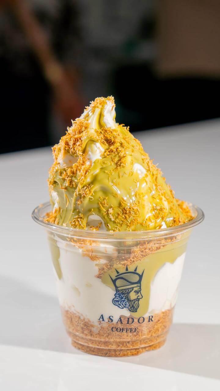 Pistachio Baklava Ice Cream Sundae with Toasted Kunafa and Ground Pistachios at Asador Coffee El Jadida