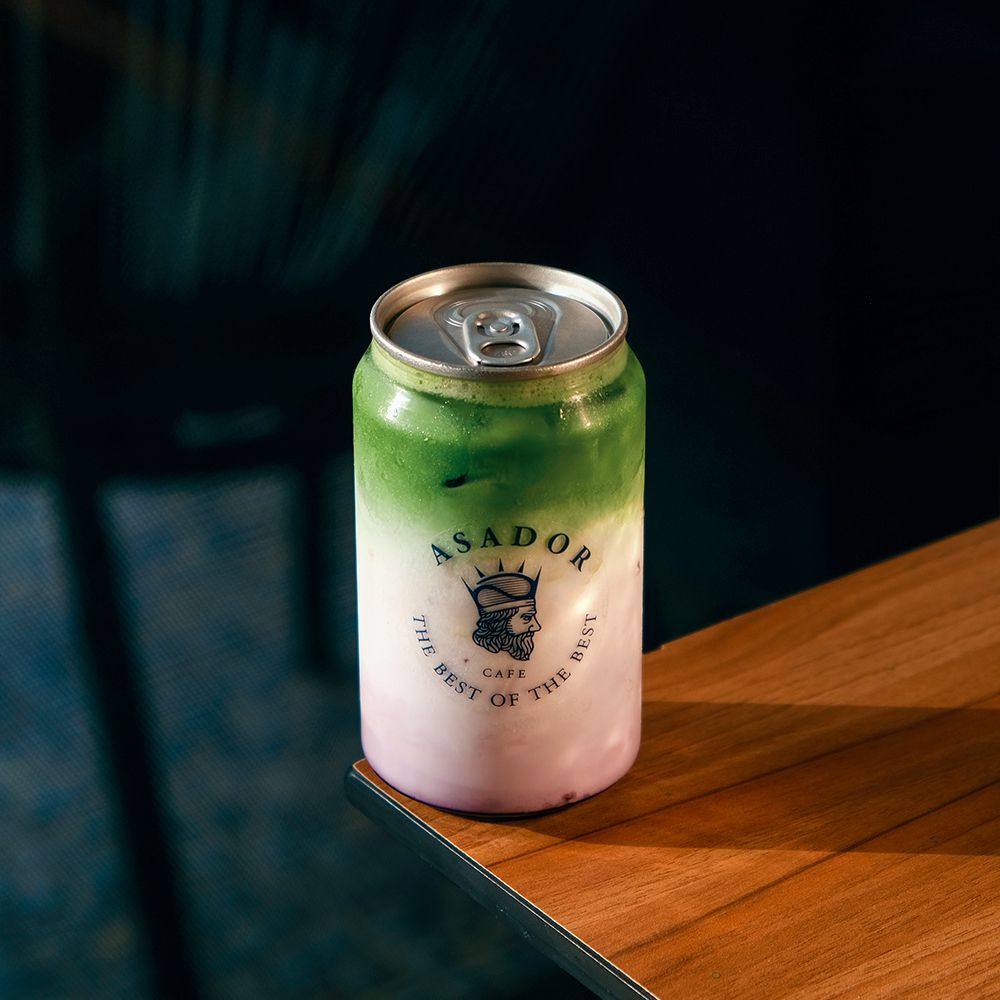 Layered Blueberry Creamy Matcha in Clear Pop-Top Can at Asador Coffee El Jadida