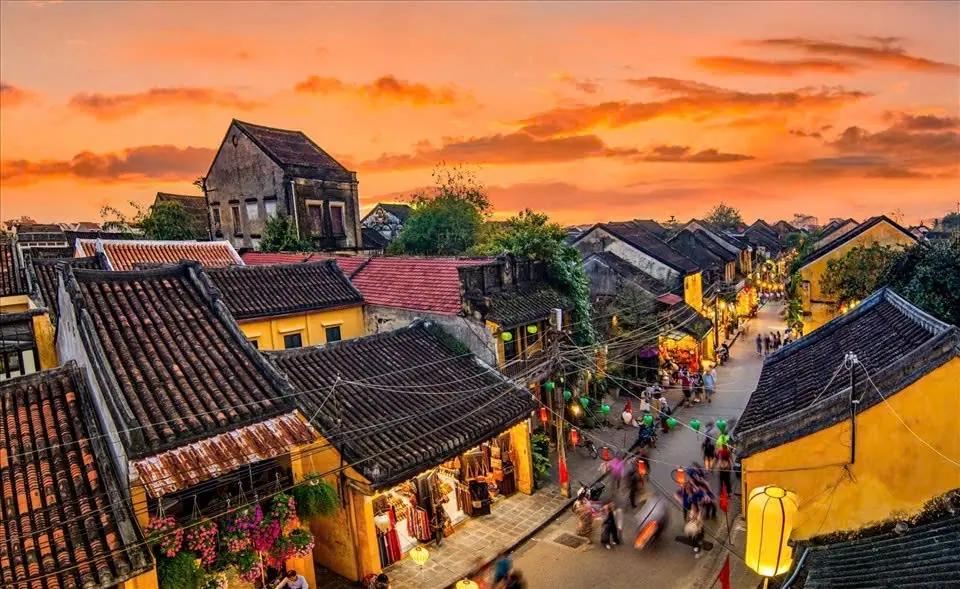 Moss-covered yin-yang tiled roofs of traditional houses in Hoi An Ancient Town