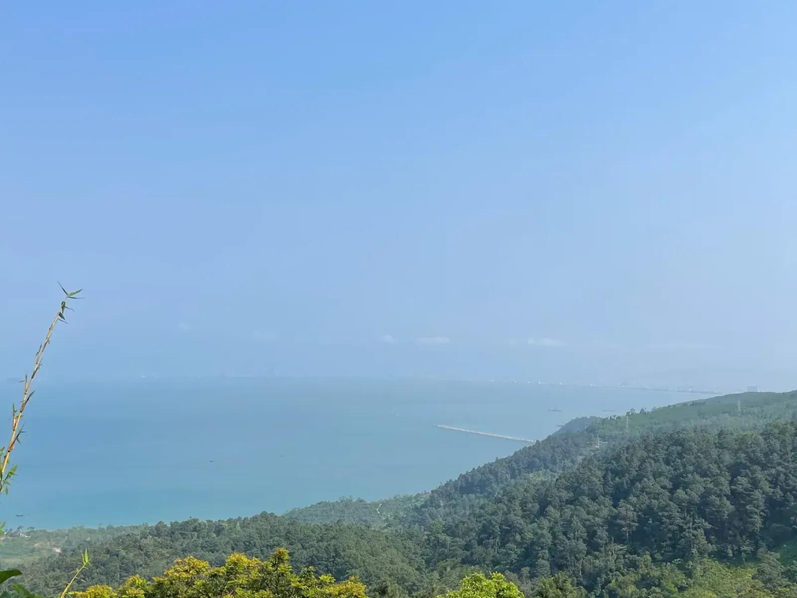 Forested slopes and a hazy blue bay viewed from Hai Van Pass