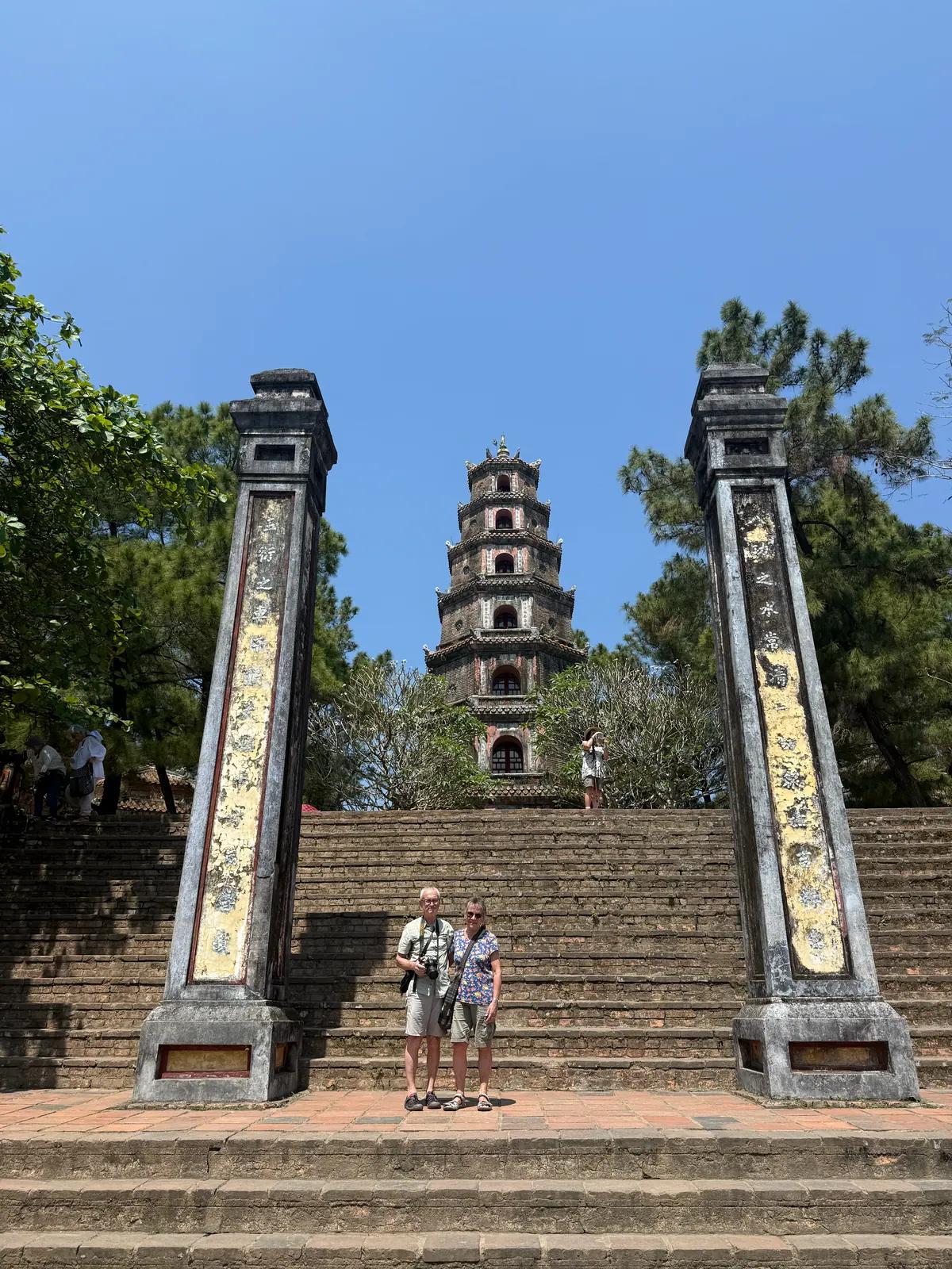 The seven-storey tower of Thien Mu Pagoda above the entrance steps