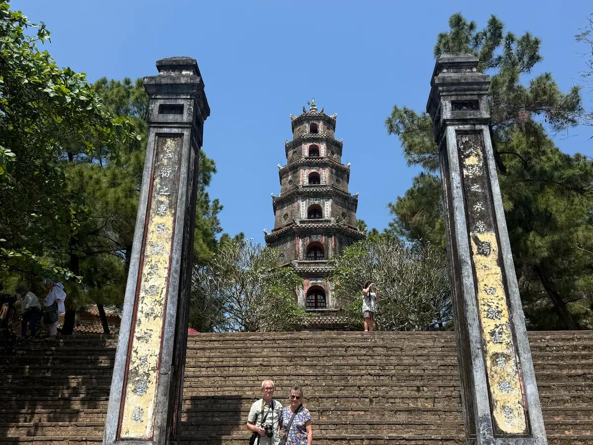 The seven-storey tower of Thien Mu Pagoda above the entrance steps