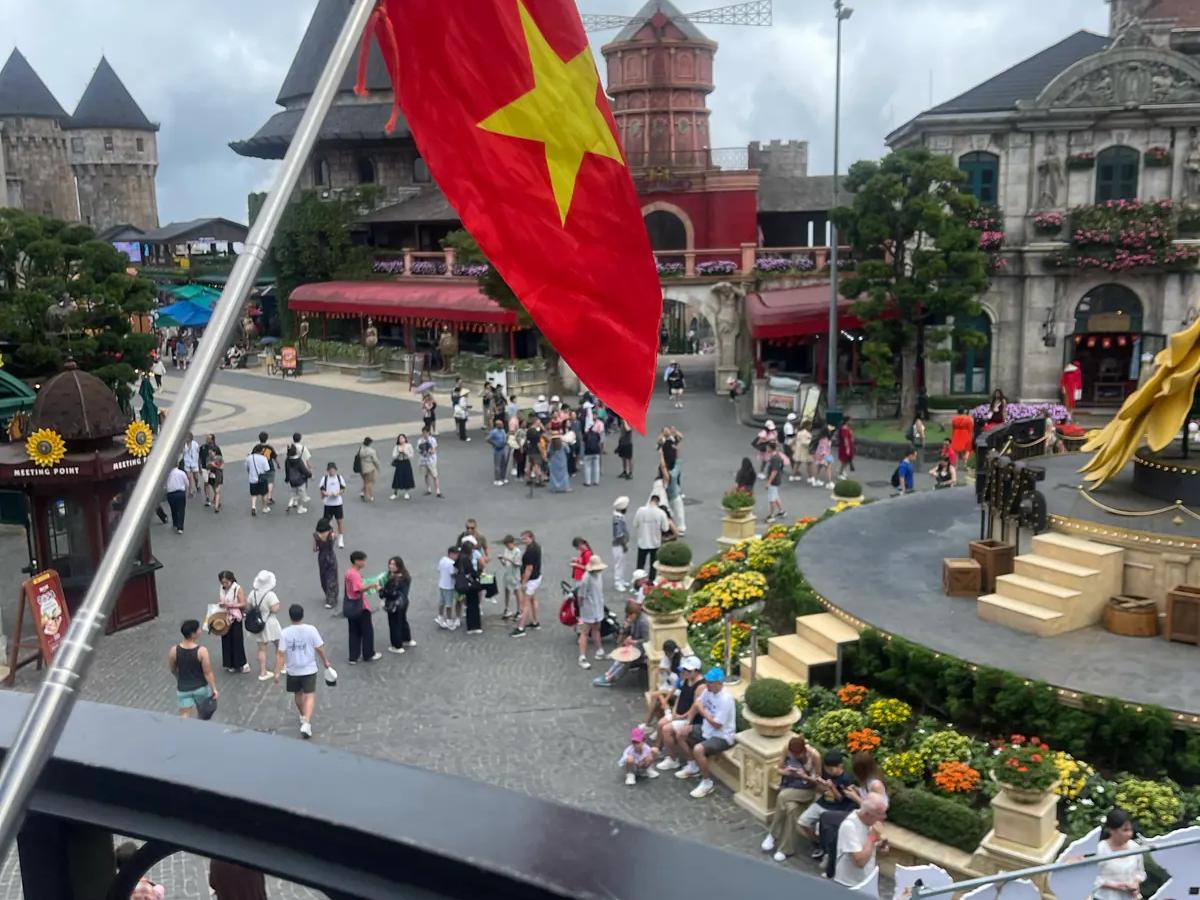 The Vietnamese flag over the square in the French Village at Ba Na Hills