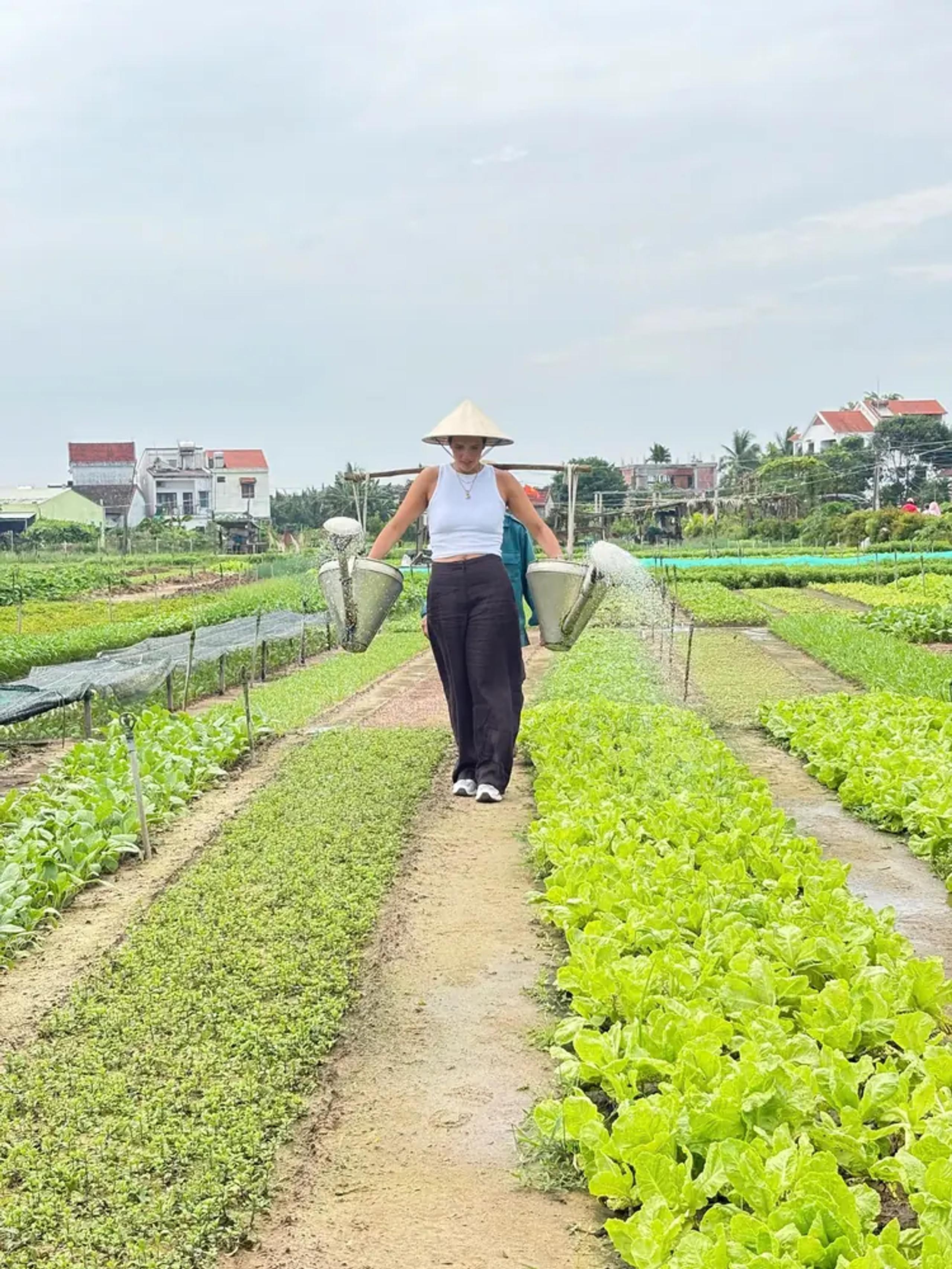 Carrying watering cans on a yoke between the herb beds at Tra Que vegetable village