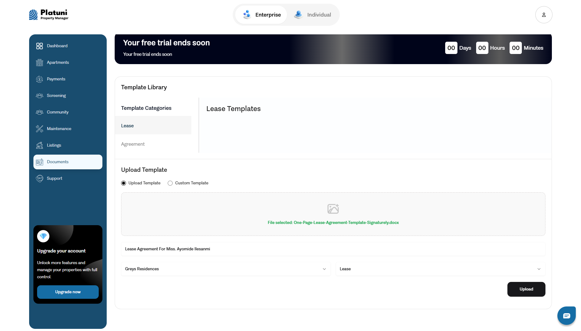 Upload lease template