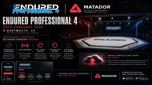 Endured Professional 4 grappling event powered by Matador streaming ticketing and replay platform in Dartmouth UK