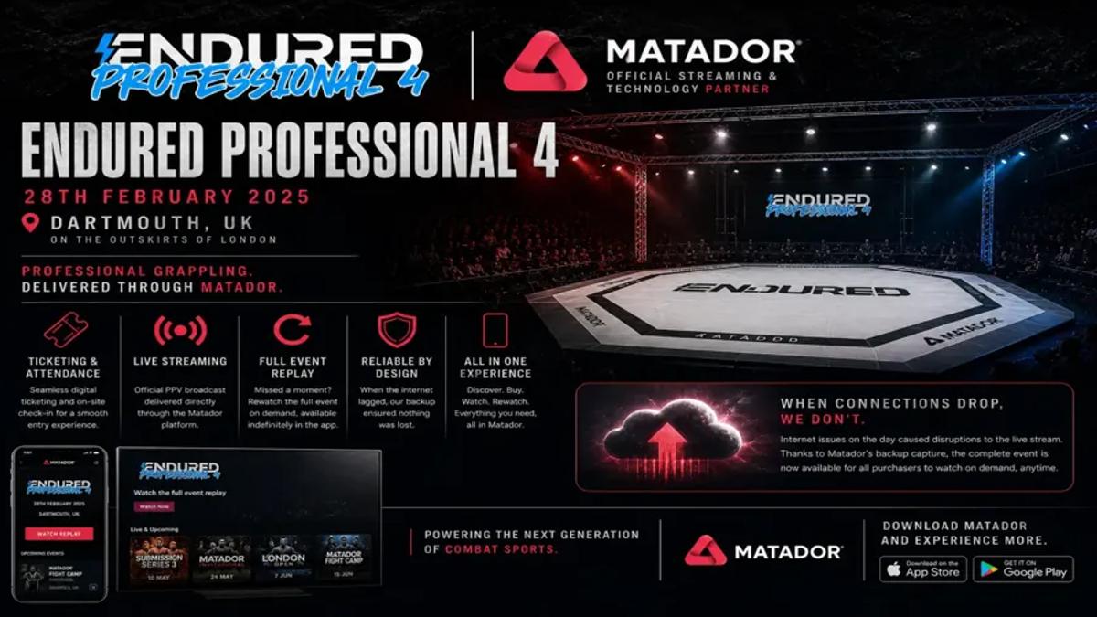 Endured Professional 4 grappling event powered by Matador streaming ticketing and replay platform in Dartmouth UK