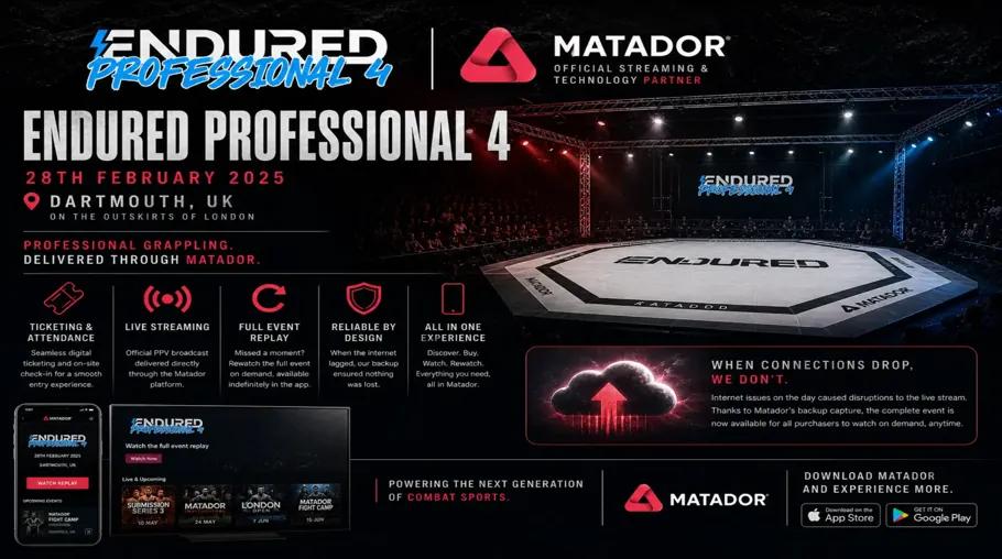 Endured Professional 4 grappling event powered by Matador streaming ticketing and replay platform in Dartmouth UK