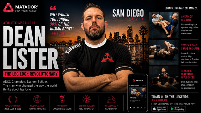 Dean Lister demonstrating leg lock system at BJJ seminar featured on Matador app