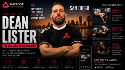 Dean Lister demonstrating leg lock system at BJJ seminar featured on Matador app