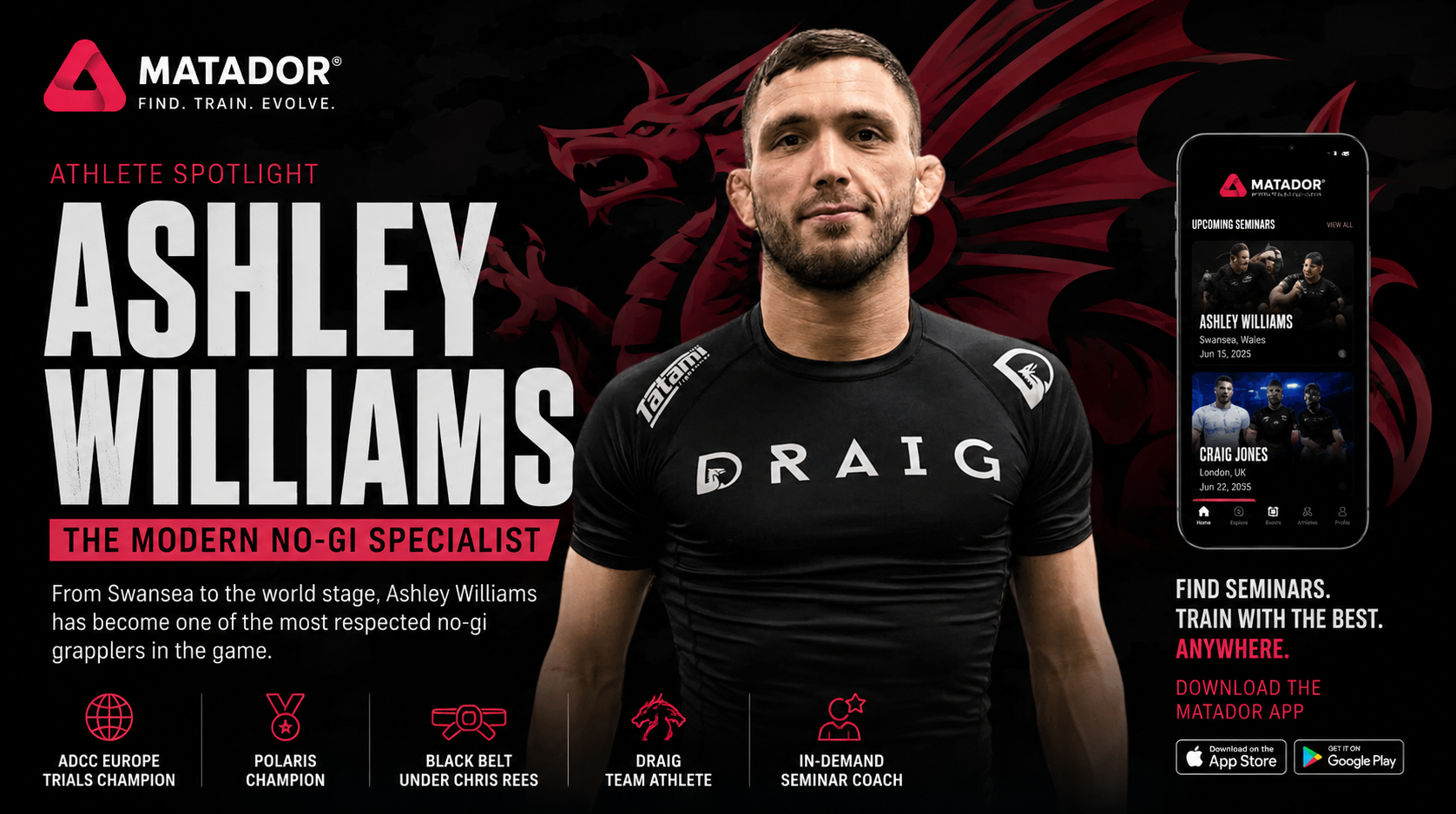 Ashley Williams BJJ seminar UK - no gi grappling athlete featured on Matador app