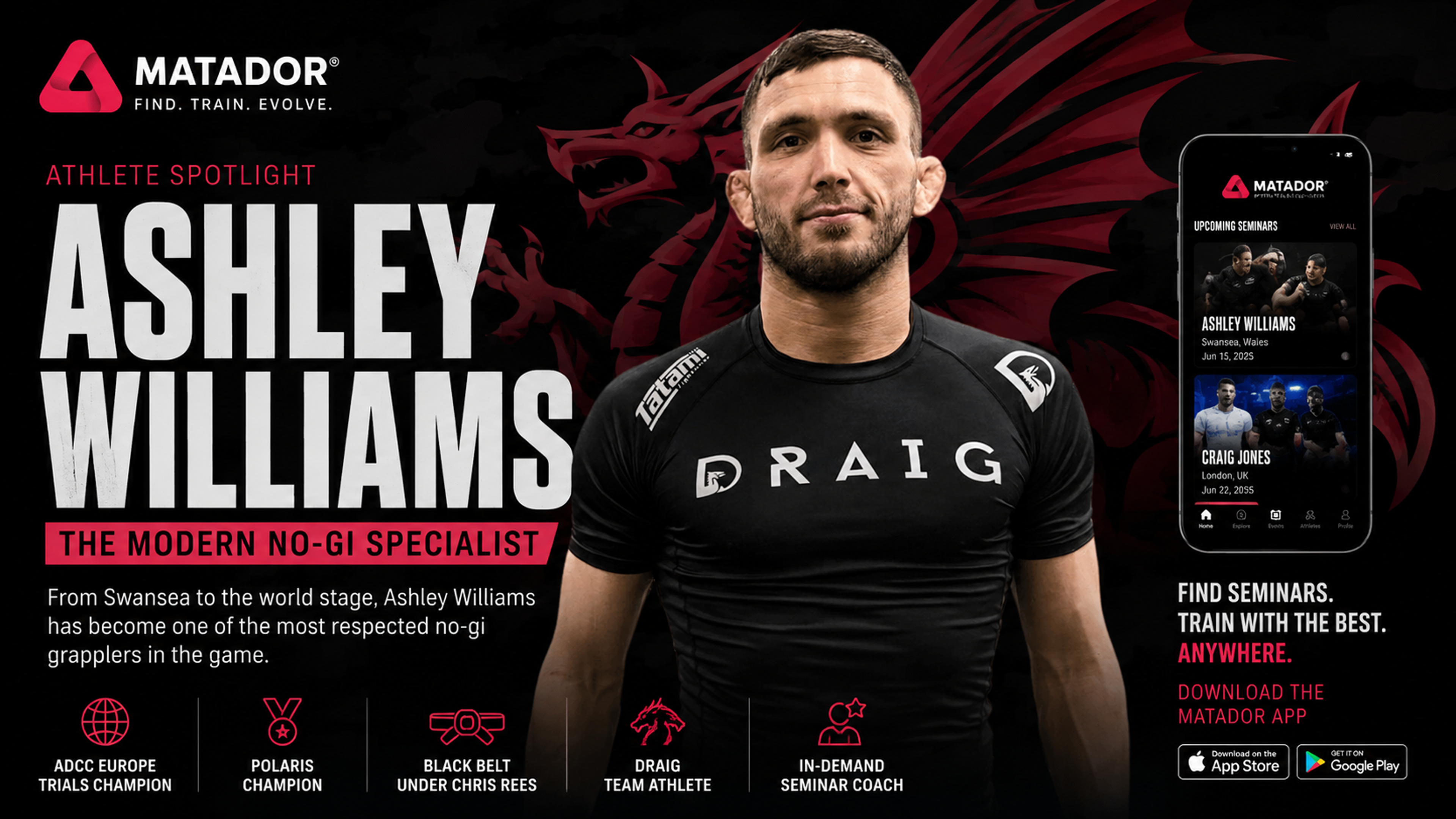 Ashley Williams BJJ seminar UK - no gi grappling athlete featured on Matador app