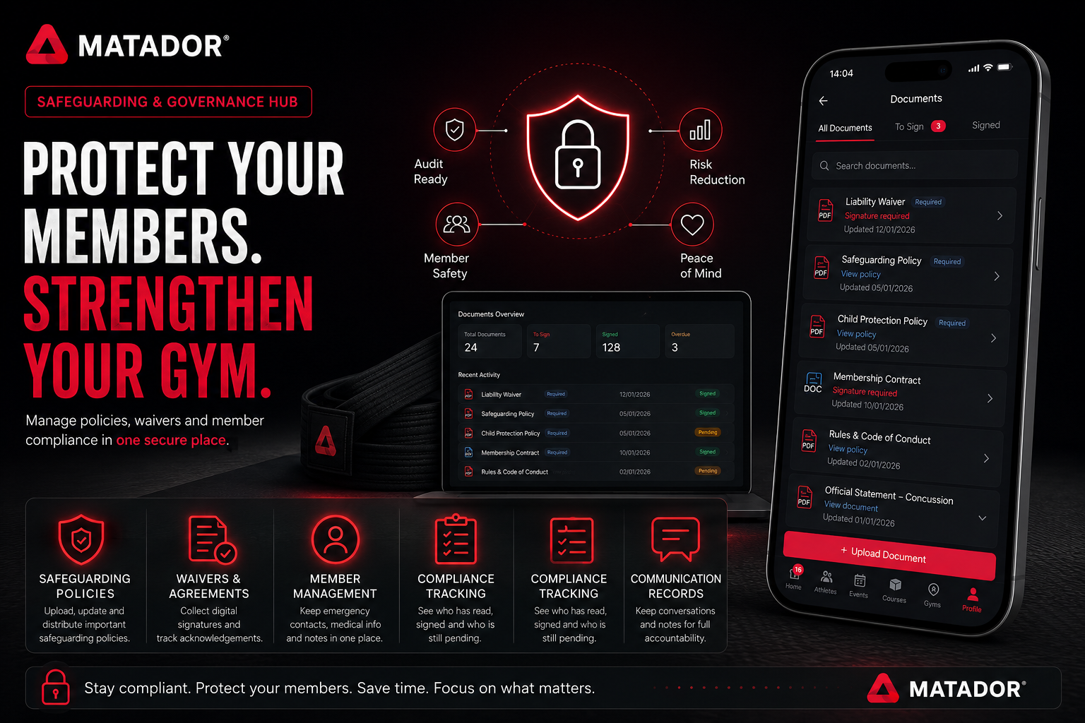 Promotional graphic for the Matador Safeguarding & Governance Hub showing digital management of waivers, safeguarding policies, membership agreements, compliance tracking, member records, emergency contacts, and communication logs for martial arts gyms, Brazilian Jiu-Jitsu academies, MMA gyms, wrestling clubs, and combat sports organisations.