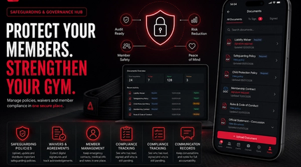 Promotional graphic for the Matador Safeguarding & Governance Hub showing digital management of waivers, safeguarding policies, membership agreements, compliance tracking, member records, emergency contacts, and communication logs for martial arts gyms, Brazilian Jiu-Jitsu academies, MMA gyms, wrestling clubs, and combat sports organisations.