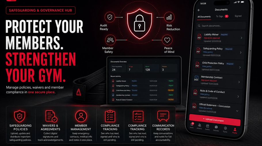 Promotional graphic for the Matador Safeguarding & Governance Hub showing digital management of waivers, safeguarding policies, membership agreements, compliance tracking, member records, emergency contacts, and communication logs for martial arts gyms, Brazilian Jiu-Jitsu academies, MMA gyms, wrestling clubs, and combat sports organisations.