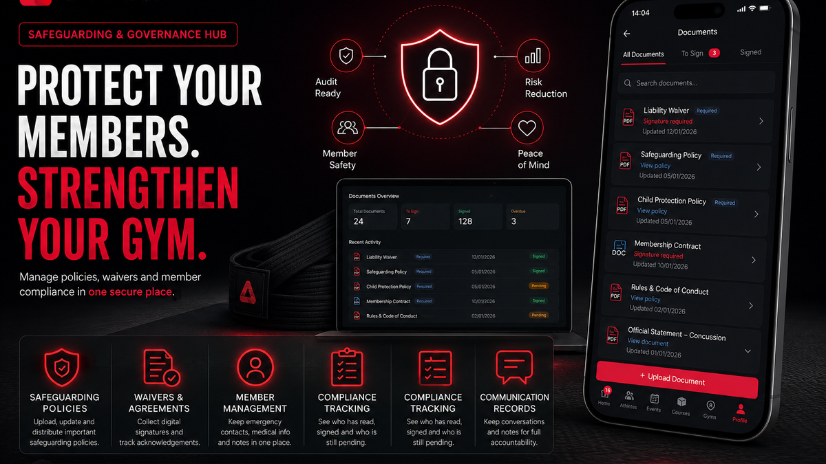 Promotional graphic for the Matador Safeguarding & Governance Hub showing digital management of waivers, safeguarding policies, membership agreements, compliance tracking, member records, emergency contacts, and communication logs for martial arts gyms, Brazilian Jiu-Jitsu academies, MMA gyms, wrestling clubs, and combat sports organisations.