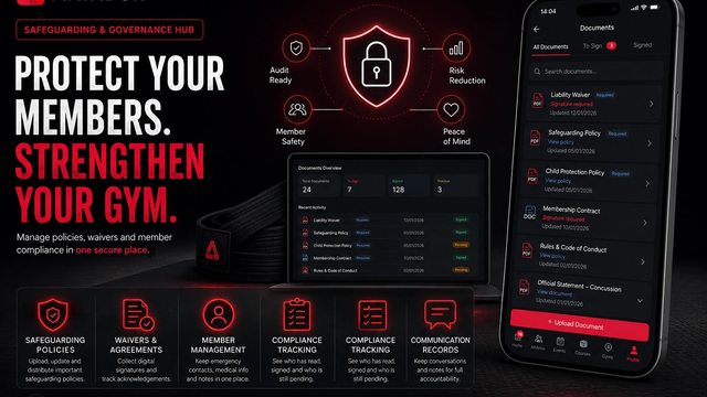 Promotional graphic for the Matador Safeguarding & Governance Hub showing digital management of waivers, safeguarding policies, membership agreements, compliance tracking, member records, emergency contacts, and communication logs for martial arts gyms, Brazilian Jiu-Jitsu academies, MMA gyms, wrestling clubs, and combat sports organisations.