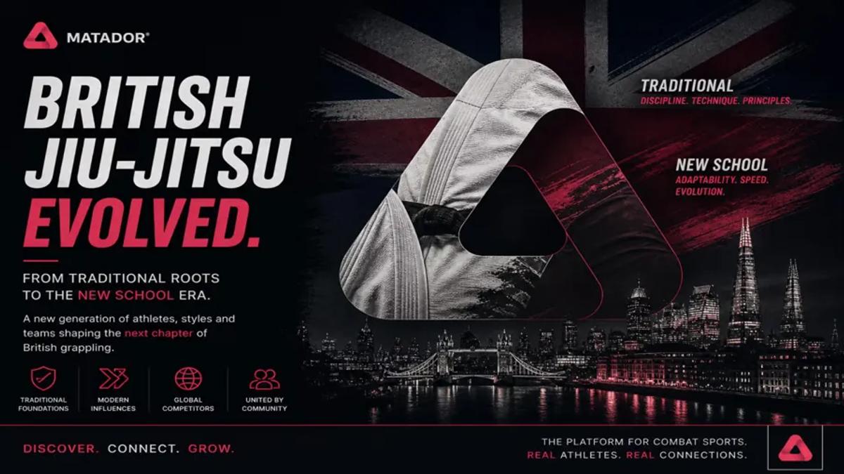 British Jiu Jitsu evolution showing transition from traditional to modern grappling with UK skyline and Matador branding