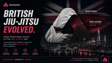British Jiu Jitsu evolution showing transition from traditional to modern grappling with UK skyline and Matador branding