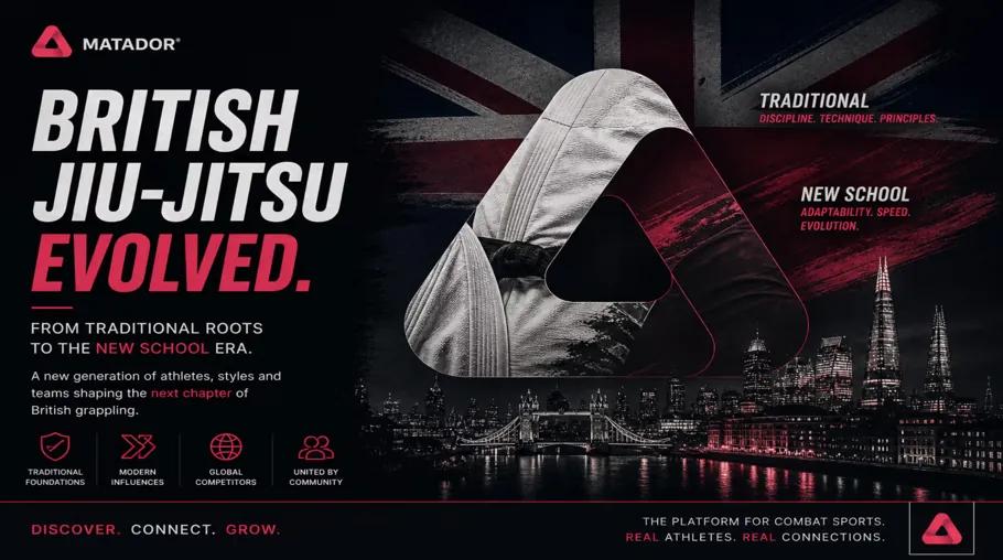 British Jiu Jitsu evolution showing transition from traditional to modern grappling with UK skyline and Matador branding
