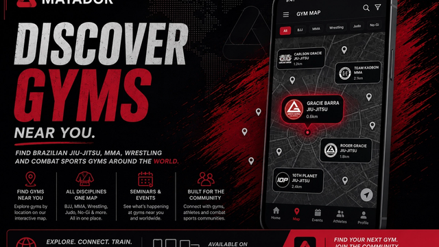 Promotional banner for the Matador gym discovery map featuring a smartphone displaying nearby Brazilian Jiu-Jitsu, MMA, wrestling, and combat sports gyms on an interactive map interface. The image includes Matador branding, gym search features, seminar discovery, community tools, and availability across iOS, Android, and web platforms.