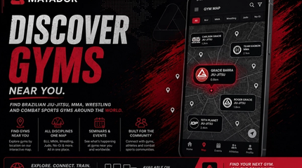 Promotional banner for the Matador gym discovery map featuring a smartphone displaying nearby Brazilian Jiu-Jitsu, MMA, wrestling, and combat sports gyms on an interactive map interface. The image includes Matador branding, gym search features, seminar discovery, community tools, and availability across iOS, Android, and web platforms.