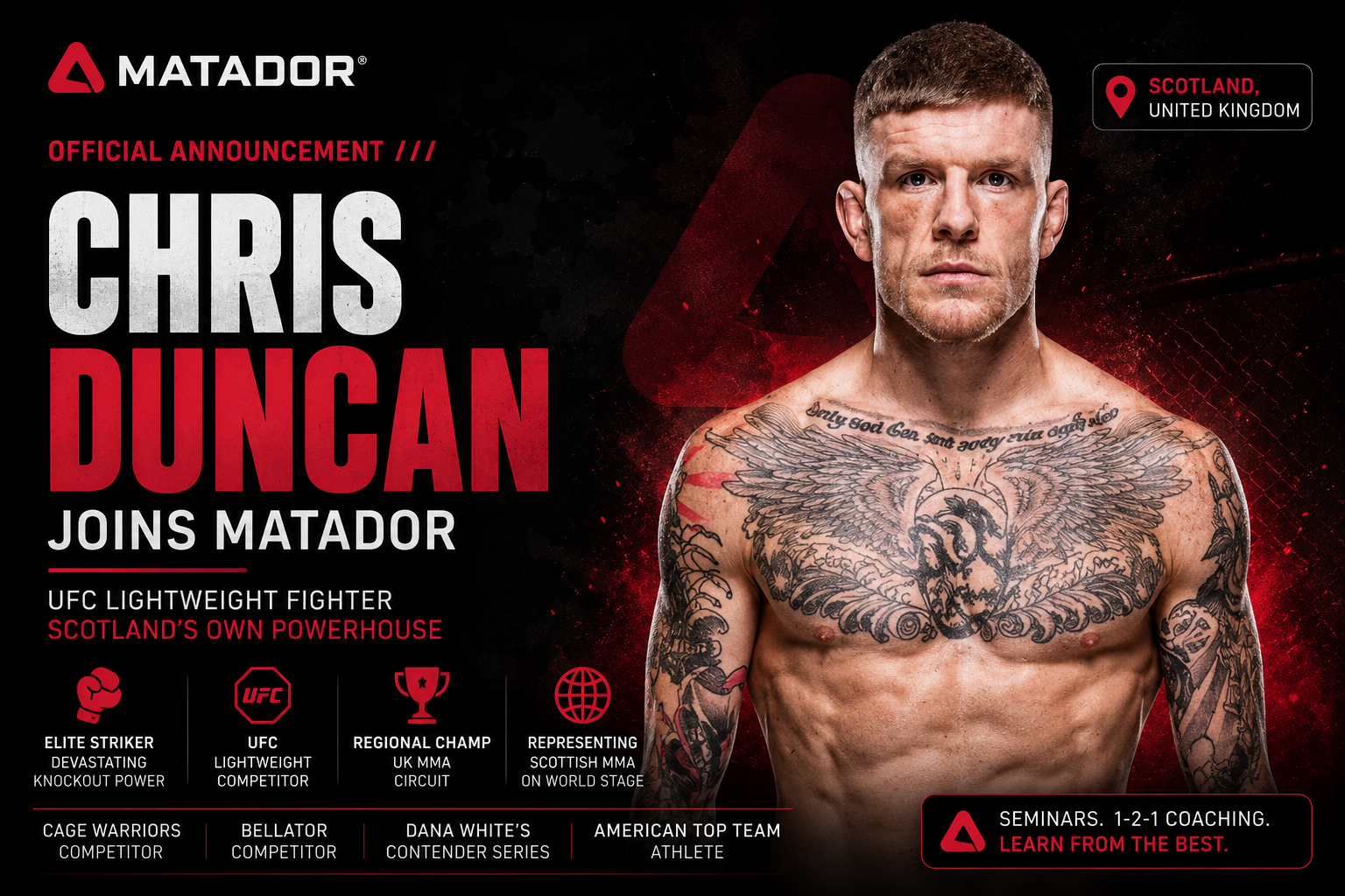 Chris Duncan joining the Matador combat sports platform as a UFC lightweight fighter from Scotland