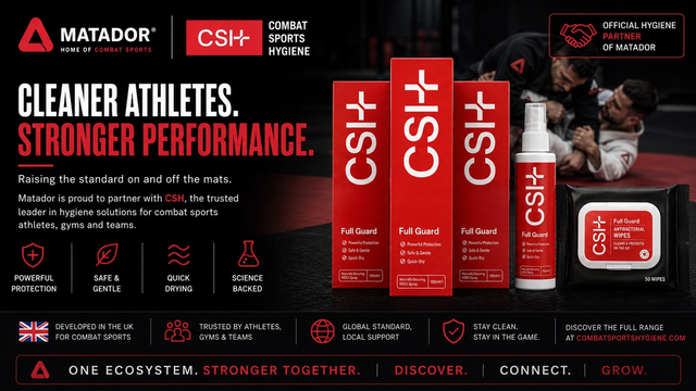 Matador partnership with Combat Sports Hygiene CSH products for grappling athletes including antibacterial wipes spray and hygiene system