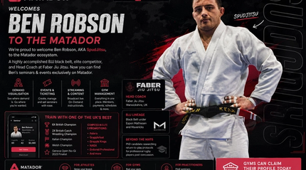 Promotional graphic announcing Ben Robson, also known as SpudJitsu, joining the Matador combat sports platform. The image features Ben Robson in a white Brazilian Jiu-Jitsu gi with black belt, alongside Matador branding and information highlighting his achievements including 6x British Champion, Polaris competitor, Head Coach at Faber Jiu Jitsu, and upcoming seminars and events available through the Matador app.